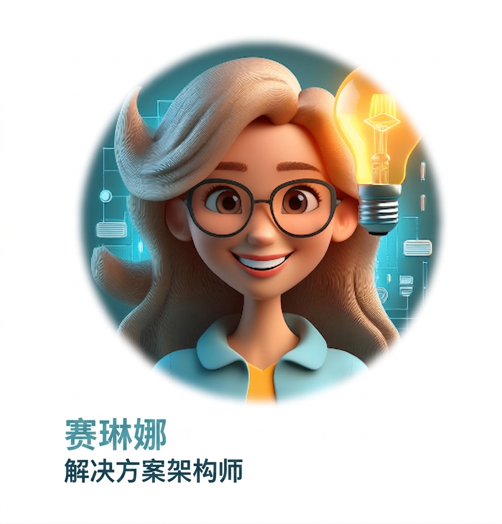 一位戴眼镜微笑的女性插画，周围有数字图标和发光灯泡，旁边文字为"Selena，解决方案架构师"。