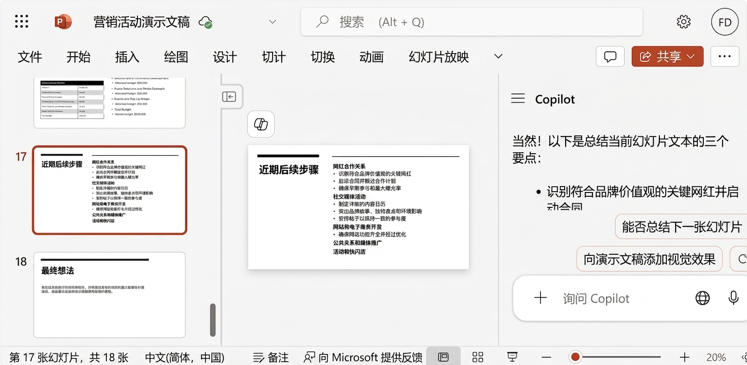 PowerPoint 幻灯片截图，侧边打开 Copilot 聊天，显示与用户的对话。
