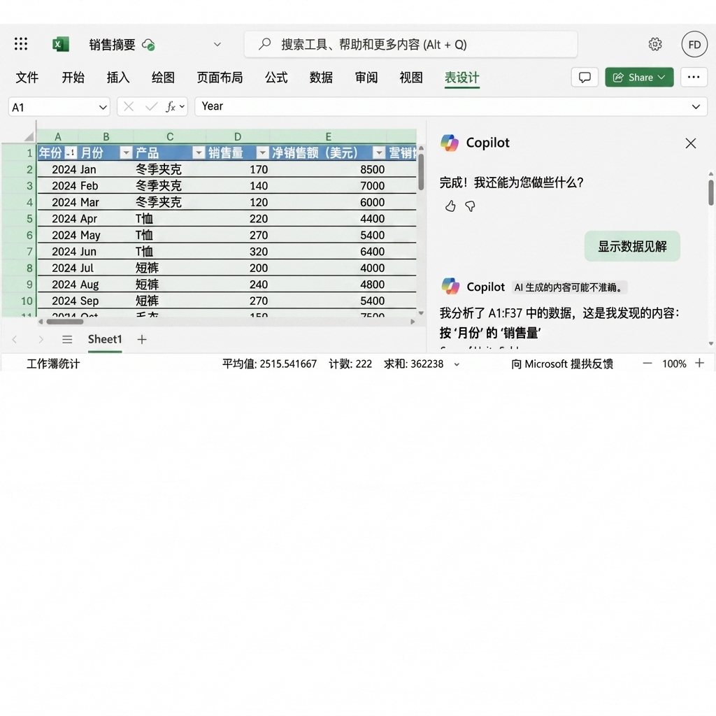 打开的 Excel 文档，显示由 Copilot 创建的图表。