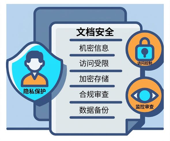带有锁和眼睛等盾牌的文档插图，表示隐私与安全