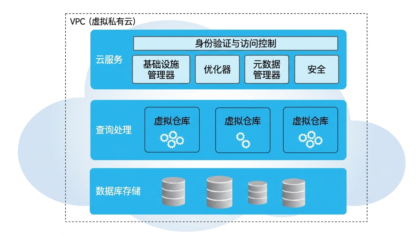 Snowflake 架构层：Cloud Services、Query Processing、Database Storage。