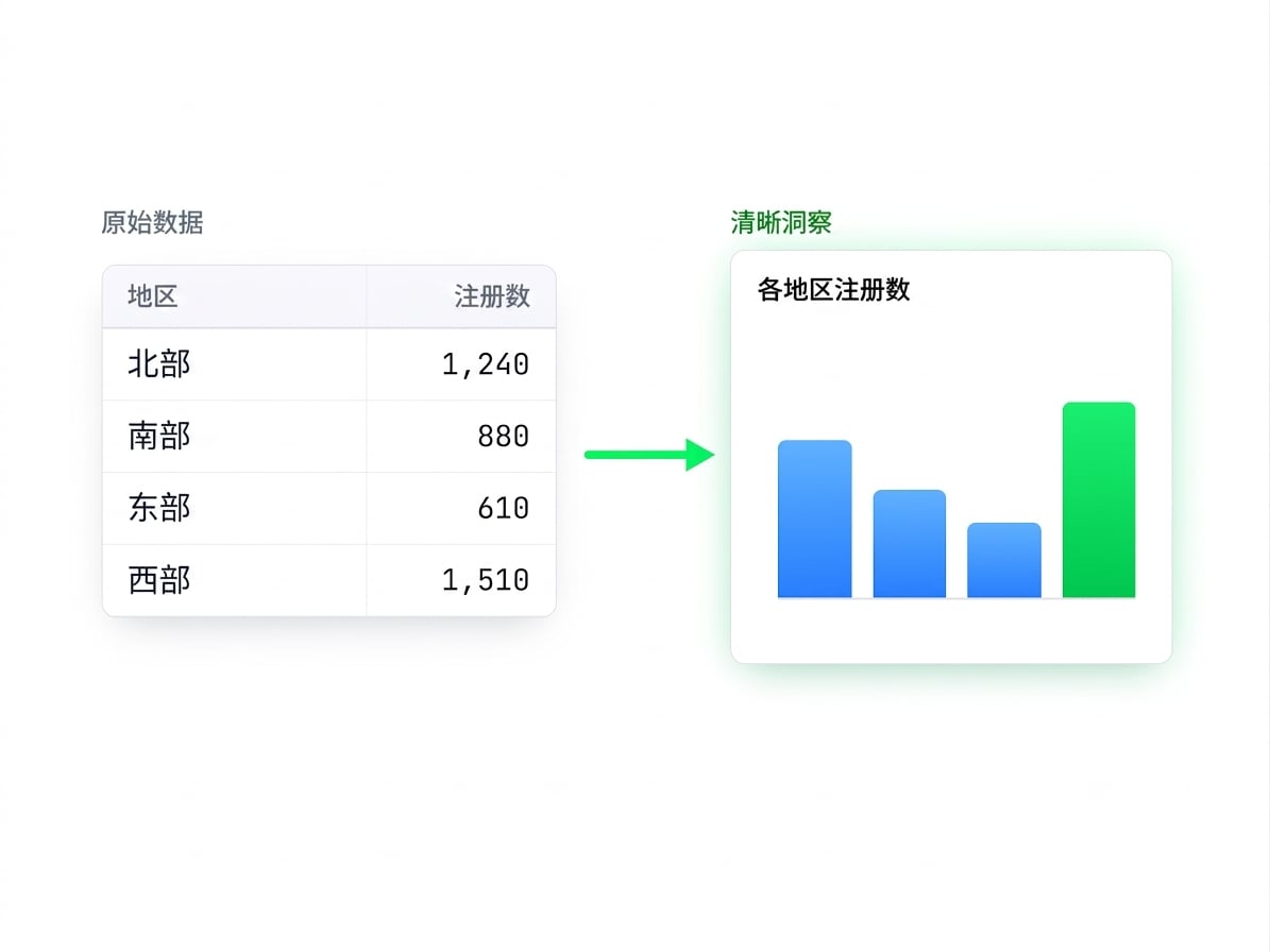 原始各地区报名数表格转为干净柱状图，展示 Copilot 如何将数字转为清晰可视化
