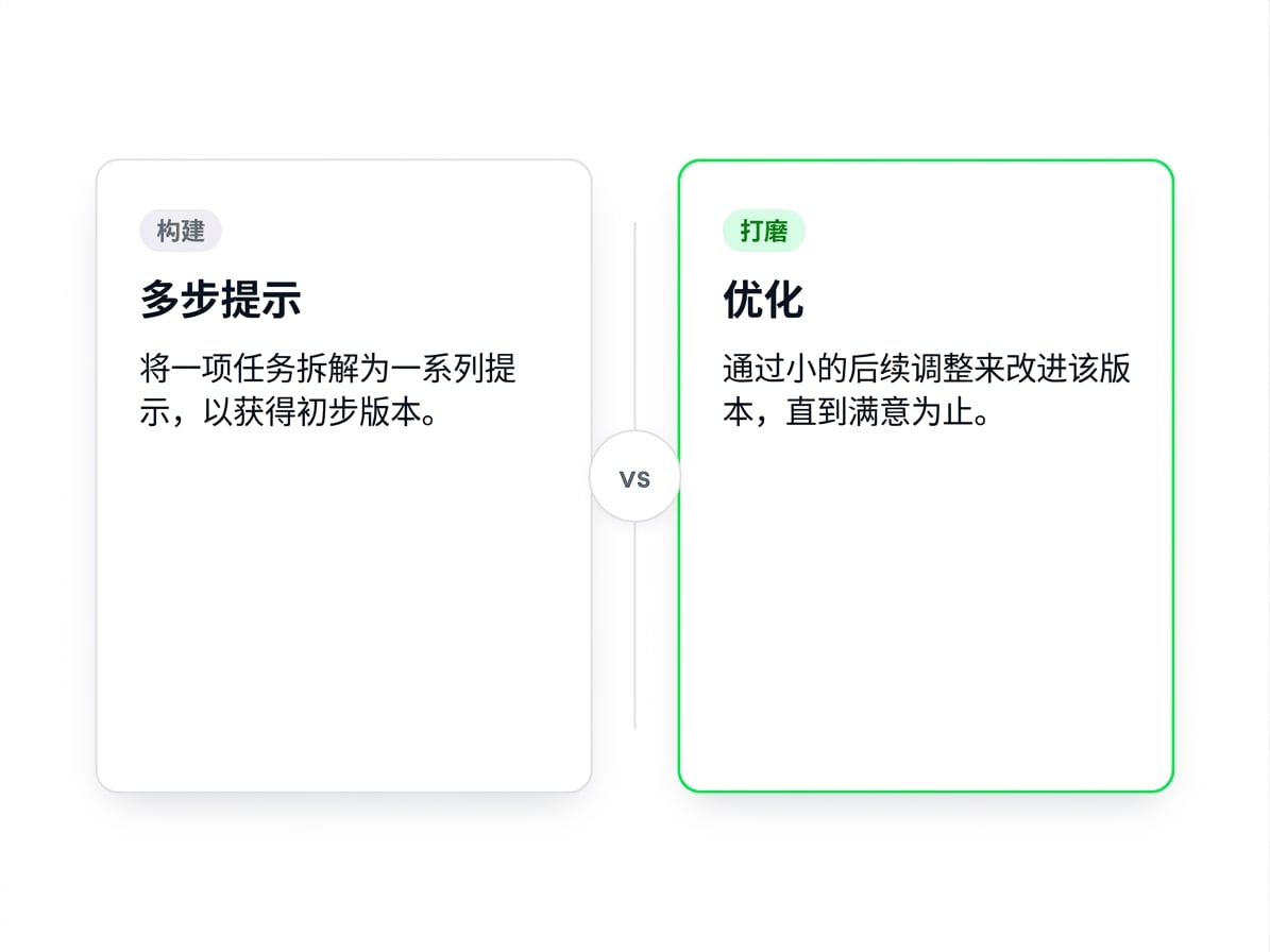 并排对比：多步提示分阶段生成草稿 vs. 迭代优化在现有草稿上打磨