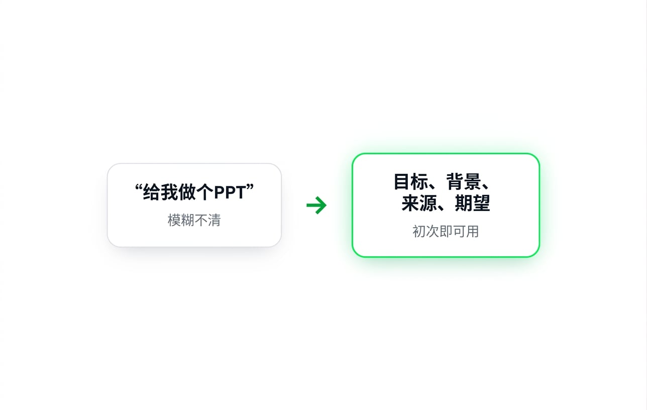 一个含糊的提示"Make me a deck"，旁边是用 Goal、Context、Source、Expectation 重写后的同一请求，可一次成型