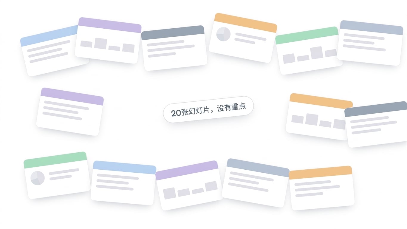 一堆零散、无聚焦的幻灯片，标签为 "20 slides, no focus"，表示含糊请求会产出让人不知所措的结果