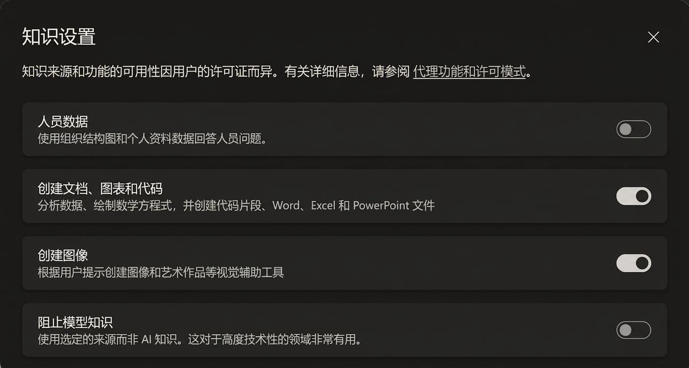 Knowledge 设置对话框，"创建文档、图表和代码" 与 "创建图像" 均为开启状态