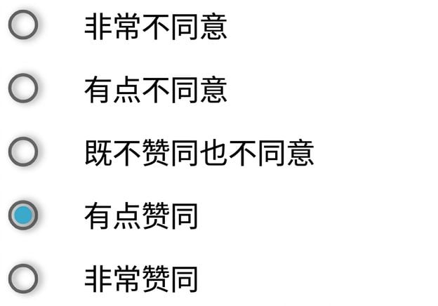 强烈反对/比较反对/既不赞成也不反对/比较赞成/强烈赞成