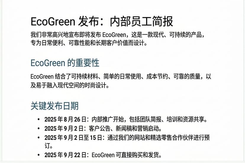 Copilot 在 Word 中起草的 EcoGreen 简报，标题清晰、段落精短