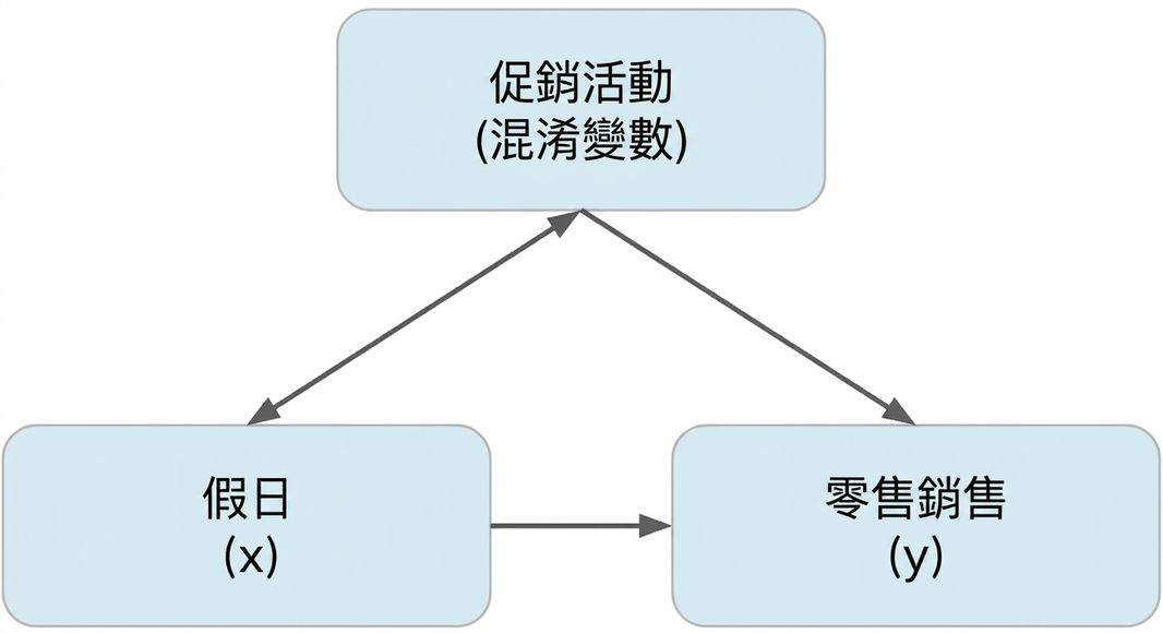 假期(x)指向零售銷售(y)。特價活動(混雜因子)與假期有雙向箭頭,並以單向箭頭指向零售銷售。