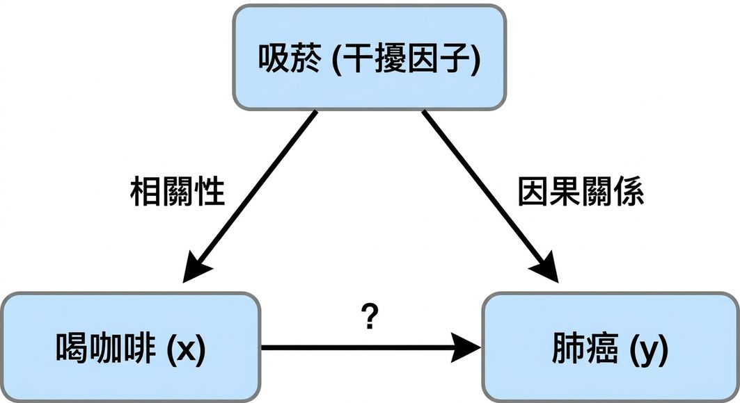咖啡飲用(x)指向肺癌(y),含吸菸(混雜因子)。吸菸與咖啡飲用之間有「關聯」雙向箭頭;吸菸到肺癌有標註「因果」的單向箭頭。