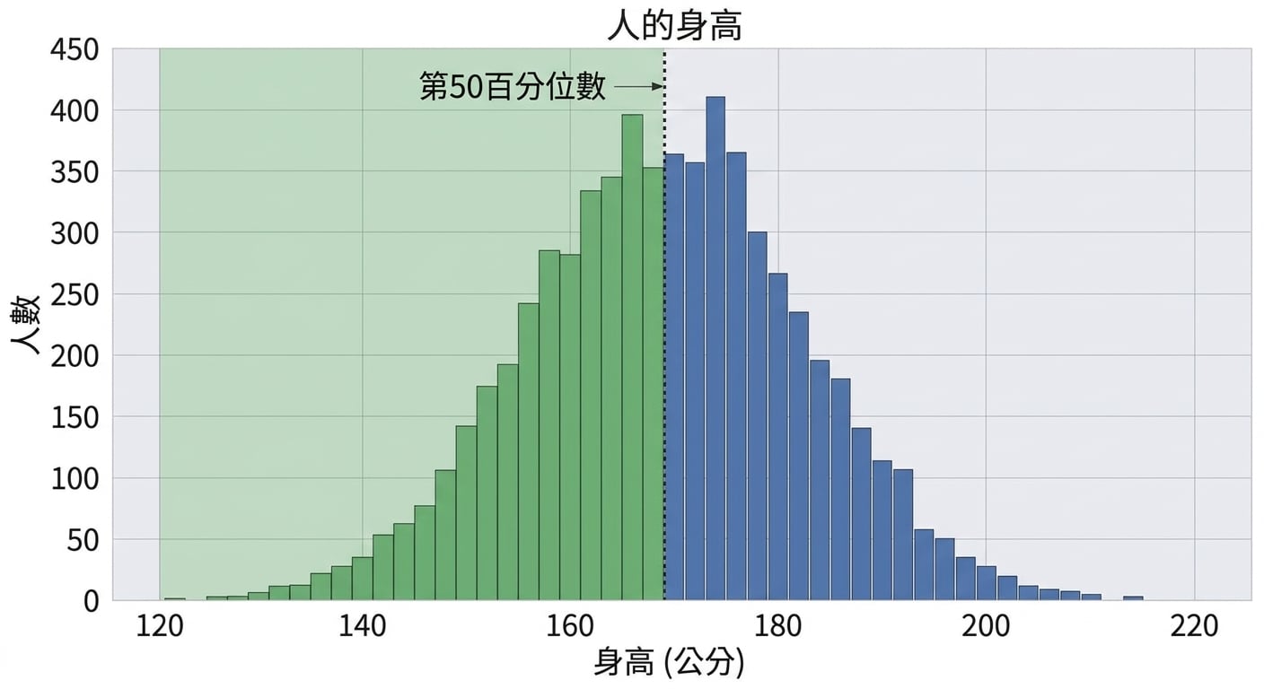 一張身高直方圖,x 軸為身高,y 軸為觀測次數。從中央到左側有綠色陰影,代表第 50 百分位。