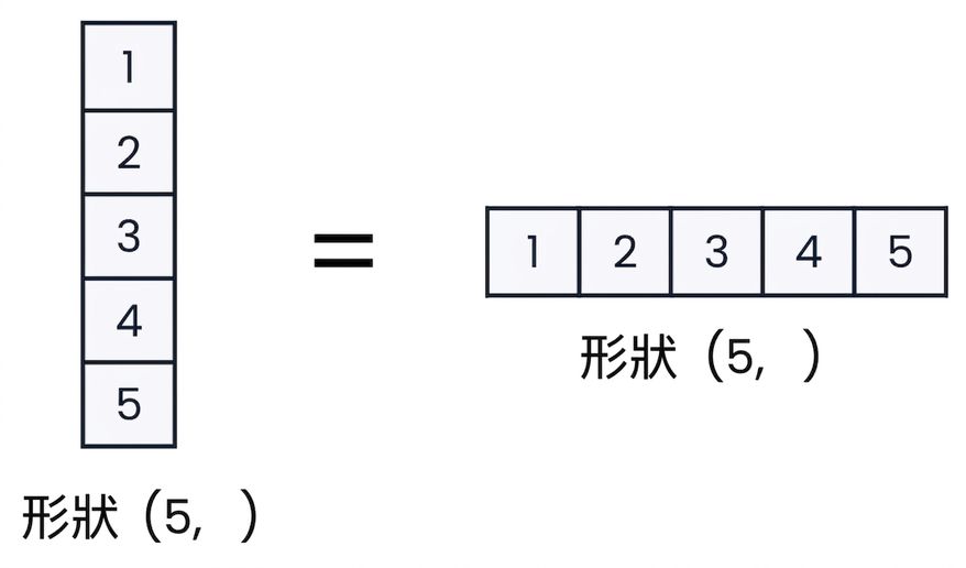 在 NumPy 中,1D 陣列不分直向或橫向的示意圖
