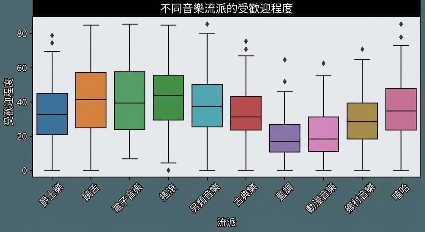 各曲風的 popularity 盒鬚圖