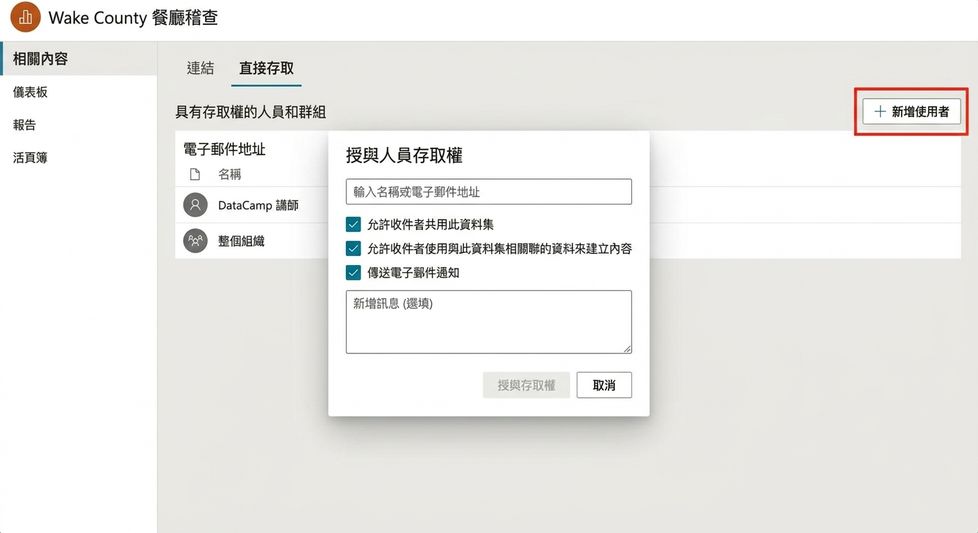 為使用者或群組新增資料集權限。