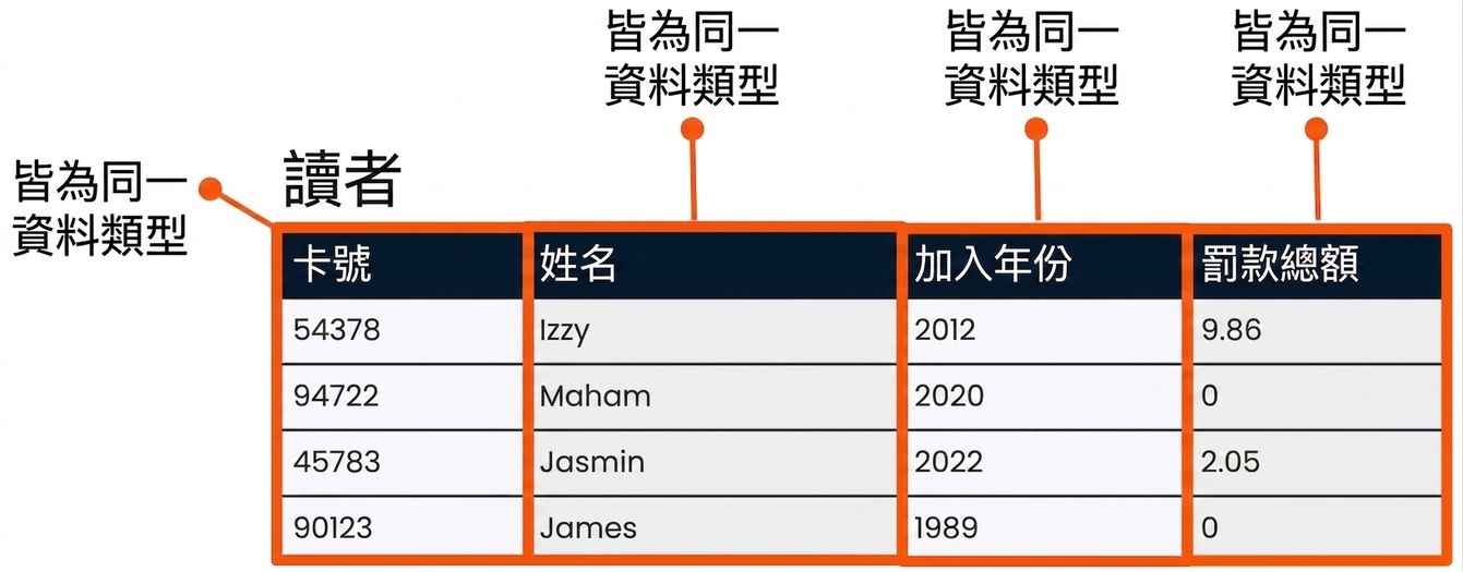 patrons 資料表，各欄位標示其各自的資料型別