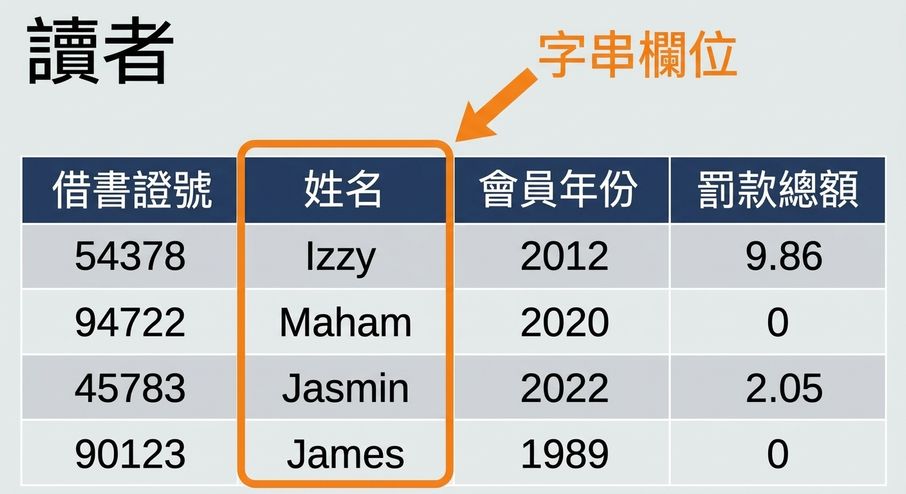 patrons 資料表，name 欄位以字串欄位為例高亮