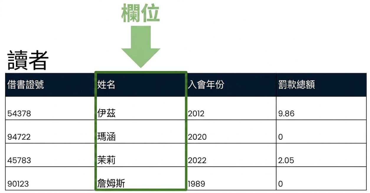 在 patrons 資料表中反白單一欄位
