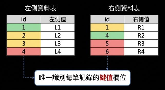 一個圖示,顯示左右兩個資料表。左右表中相同的 id 以相同顏色標示。