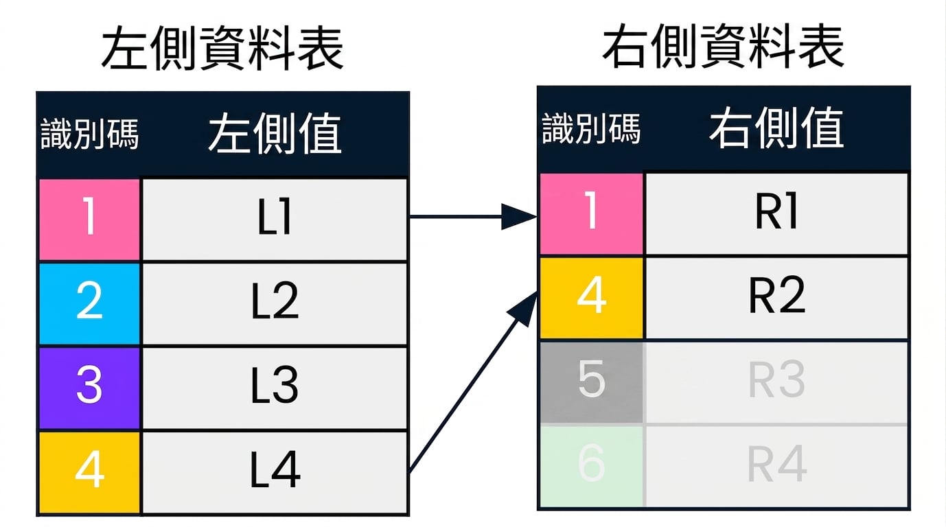 示意圖顯示兩個資料表 left table 與 right table,以箭頭指向兩表中 id 欄位相符的紀錄。與 left join 無關的紀錄已灰階處理。
