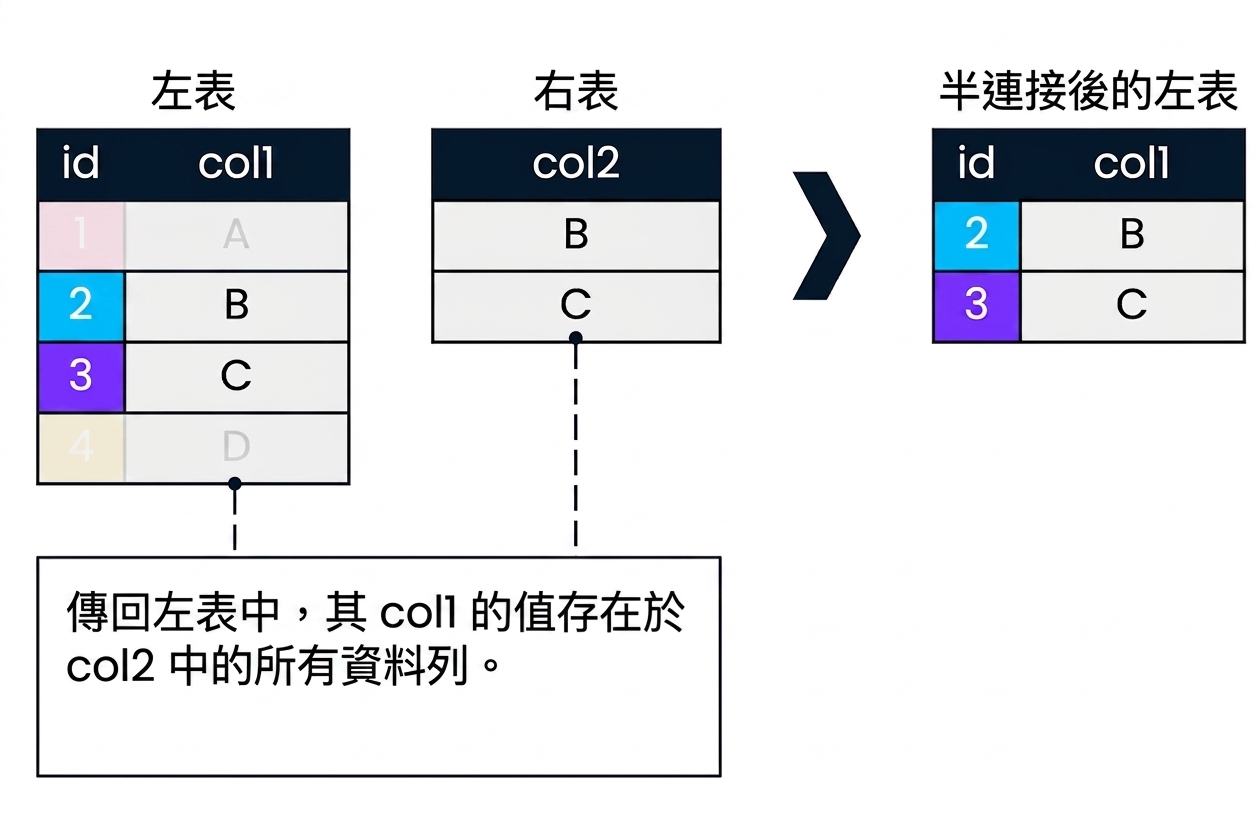 一張圖示兩個資料表 left_table 與 right_table。右側顯示半連接的結果。只回傳 left_table 中 col1 能在 col2 找到匹配的紀錄,對應的 id 為 2 與 3。