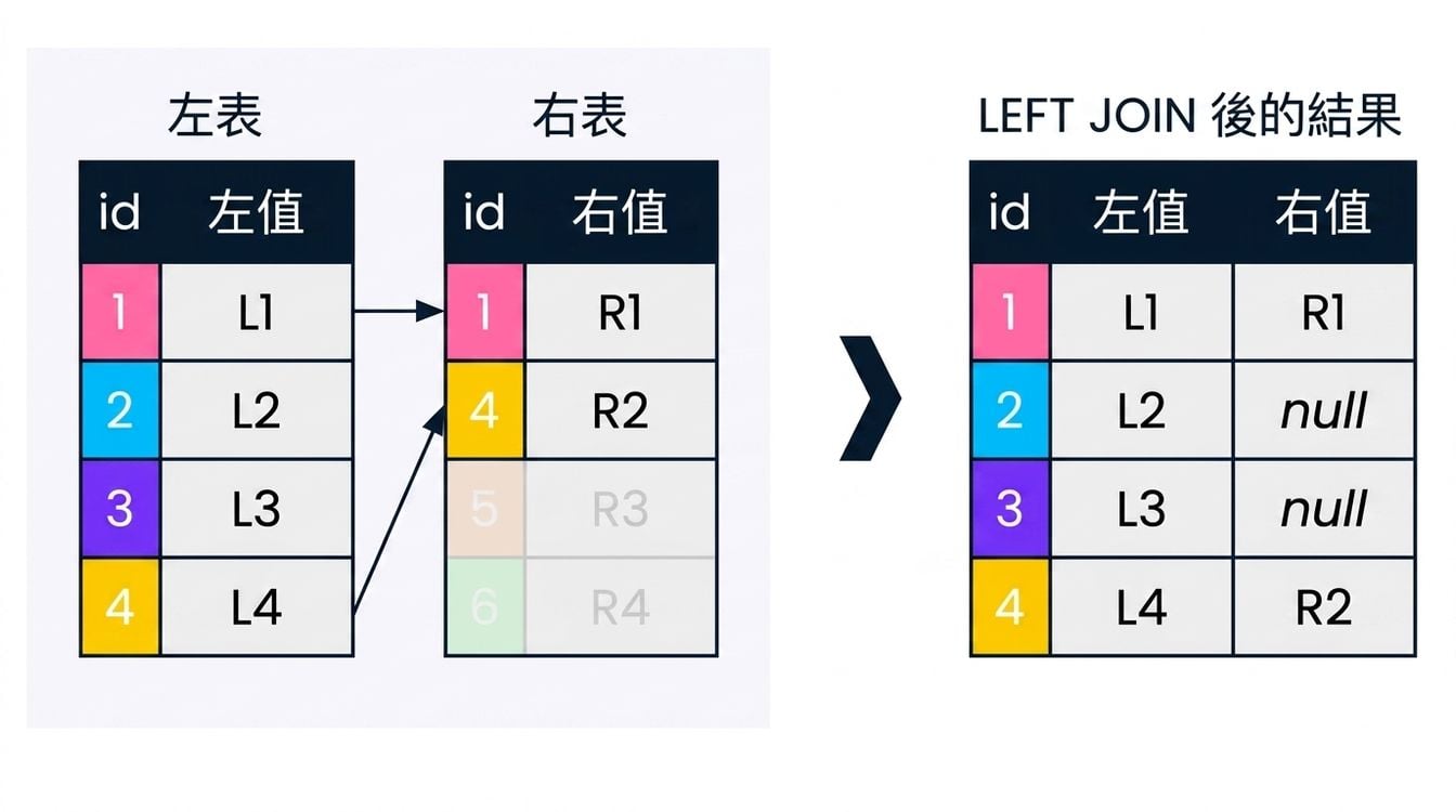 示意圖顯示兩個資料表 left table 與 right table,以及在這些表上執行 left join 後的結果集。與 left join 無關的紀錄已淡化處理。