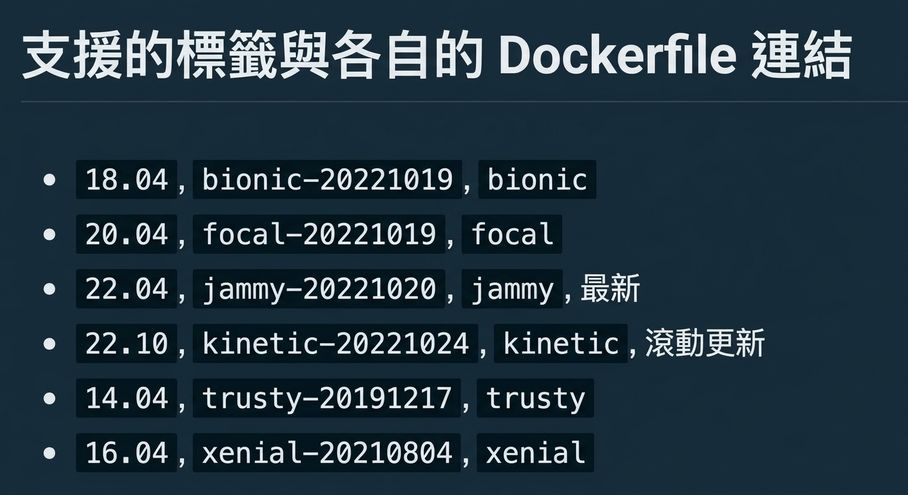 Docker 映像檔有多個版本或標籤,圖中示範 ubuntu 的 6 個版本。例如 18.04 也有標籤 bionic。