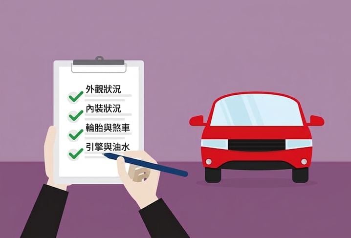 紅色汽車旁的一張核對清單，代表套用於汽車的各項資料品質面向
