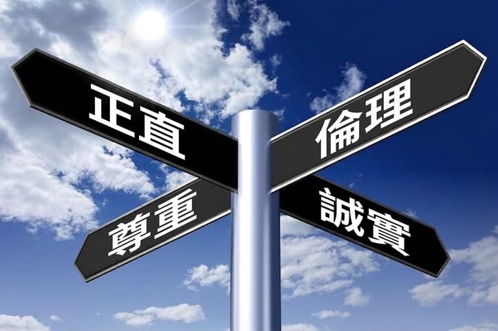 路標上的四塊指示牌：ethics、honesty、respect、integrity