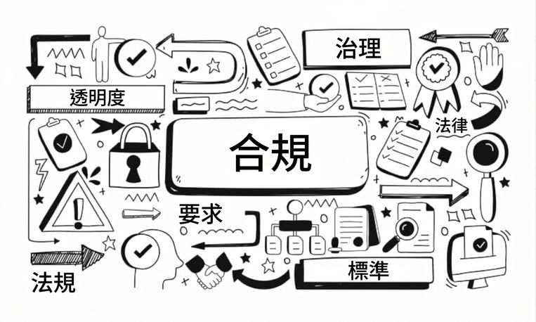 一張圖：中央為 compliance，周圍有 governance、requirements、regulations 等字樣與物件環繞