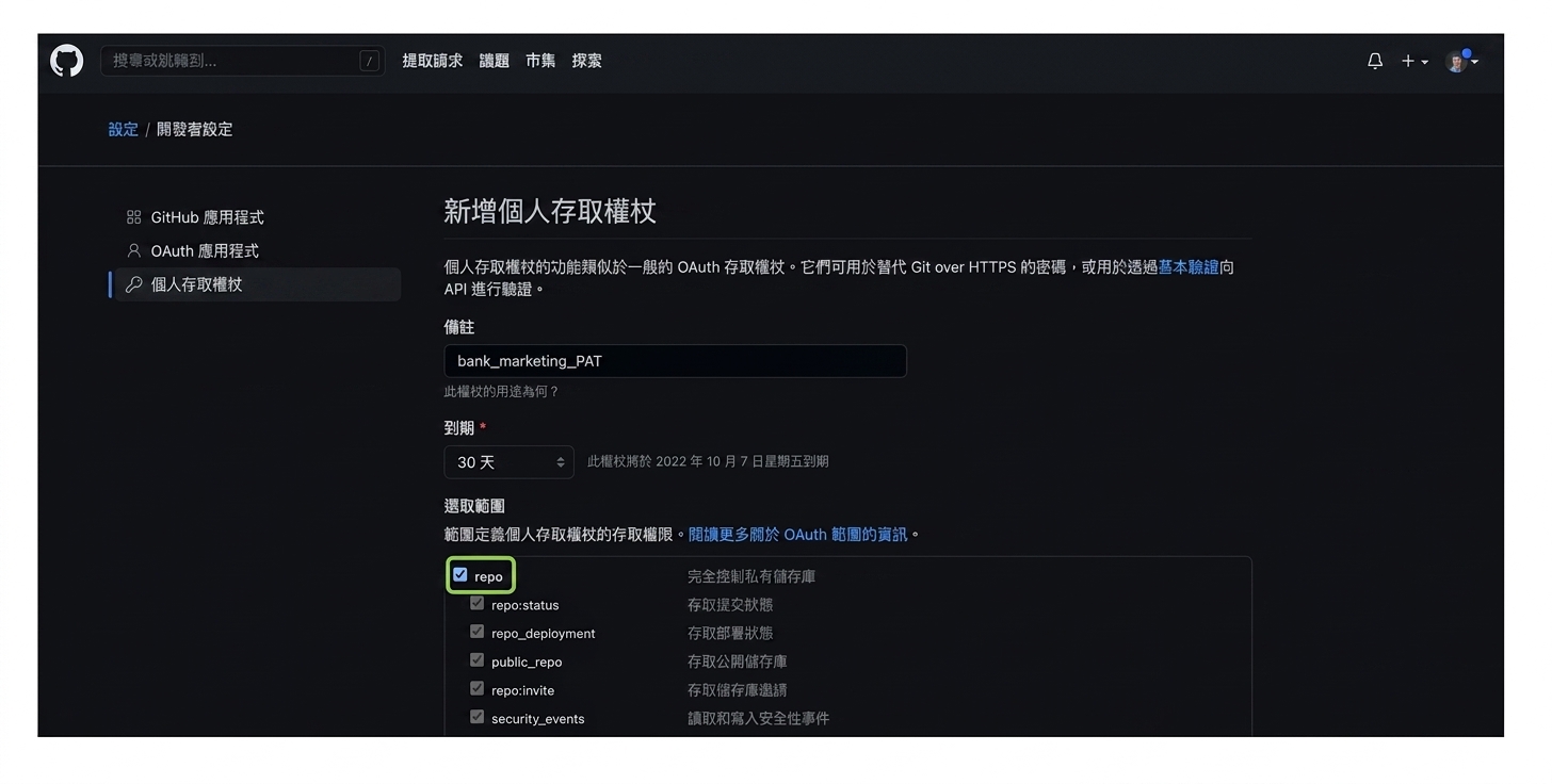 勾選 repo 權限的核取方塊