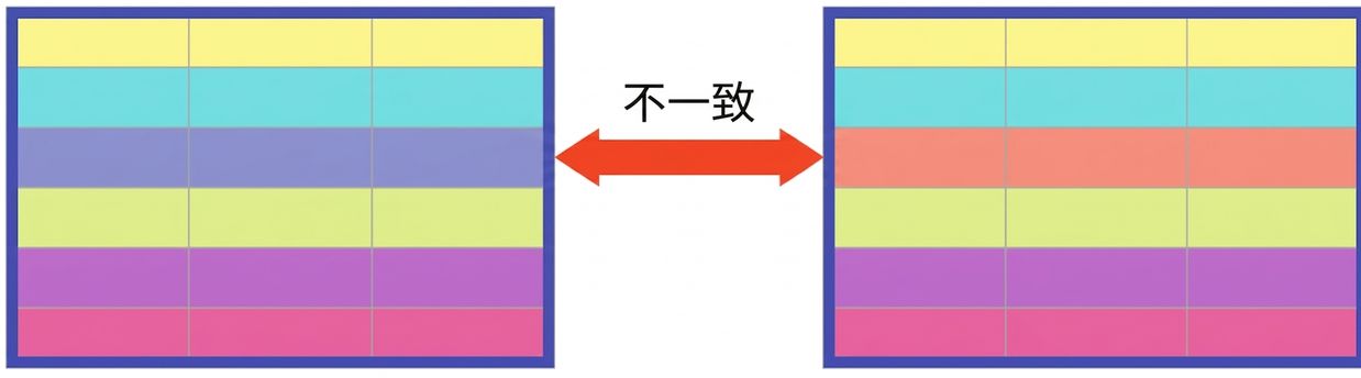 兩個資料表大多數列顏色相同，但有一列顯示表間不一致