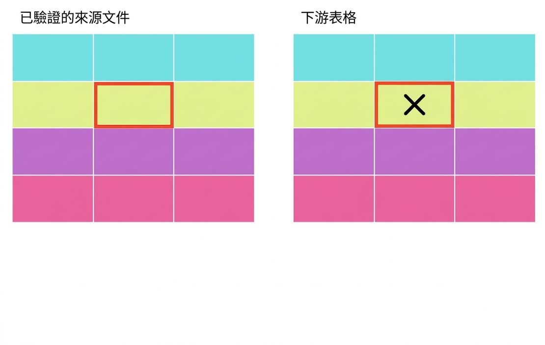 兩個資料表，象徵已驗證的來源與下游資料表，其中一個值不正確