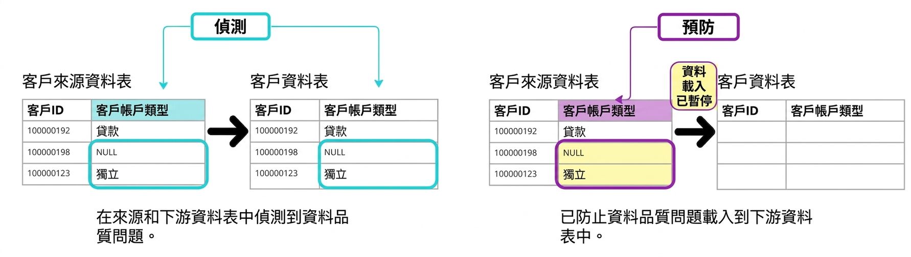 圖示：偵測式與預防式資料品質規則的差異