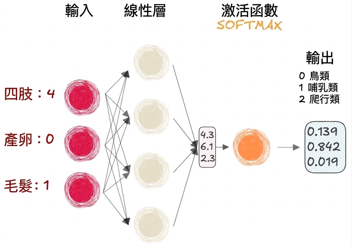 包含輸入、線性層輸出為向量、softmax 啟動函式與最終輸出的部分神經網路示意圖