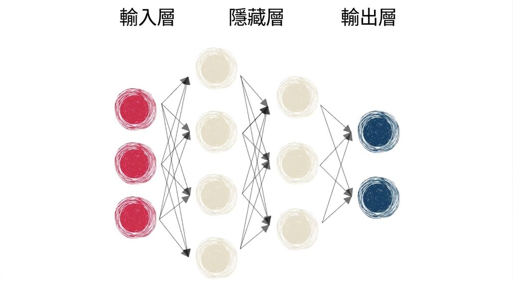 顯示包含輸入層、隱藏層與輸出層的神經網路示意圖