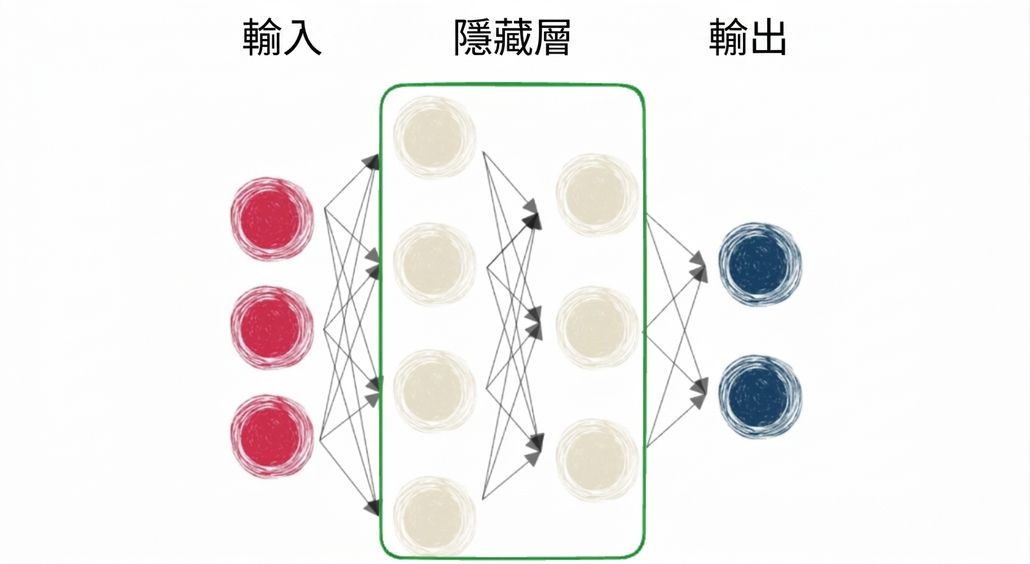 顯示包含輸入層、隱藏層與輸出層的神經網路示意圖