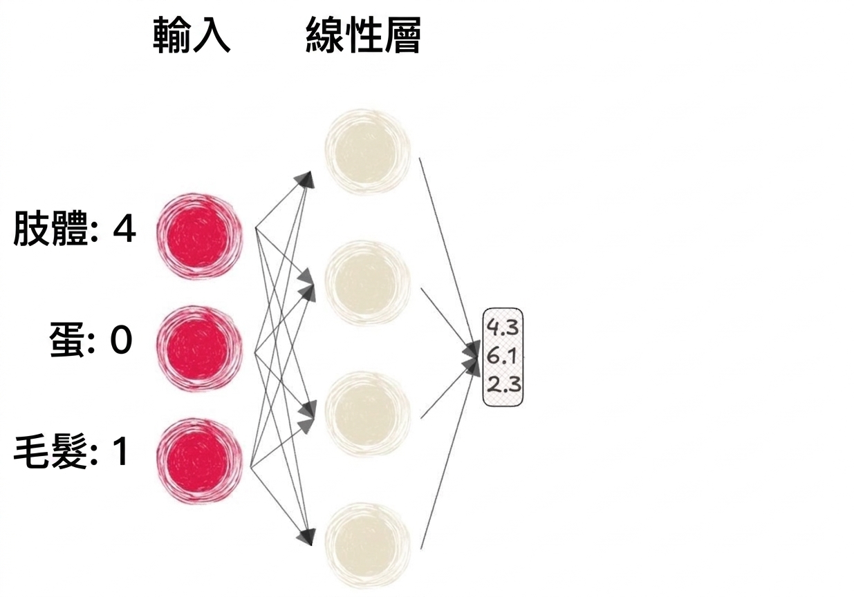 包含輸入的部分神經網路示意圖