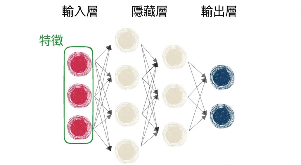 顯示包含輸入層、隱藏層與輸出層的神經網路示意圖