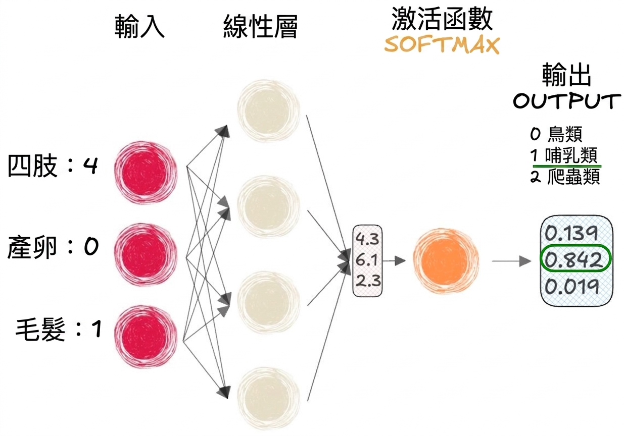 包含輸入、線性層輸出為向量、softmax 啟動函式與最終輸出的部分神經網路示意圖