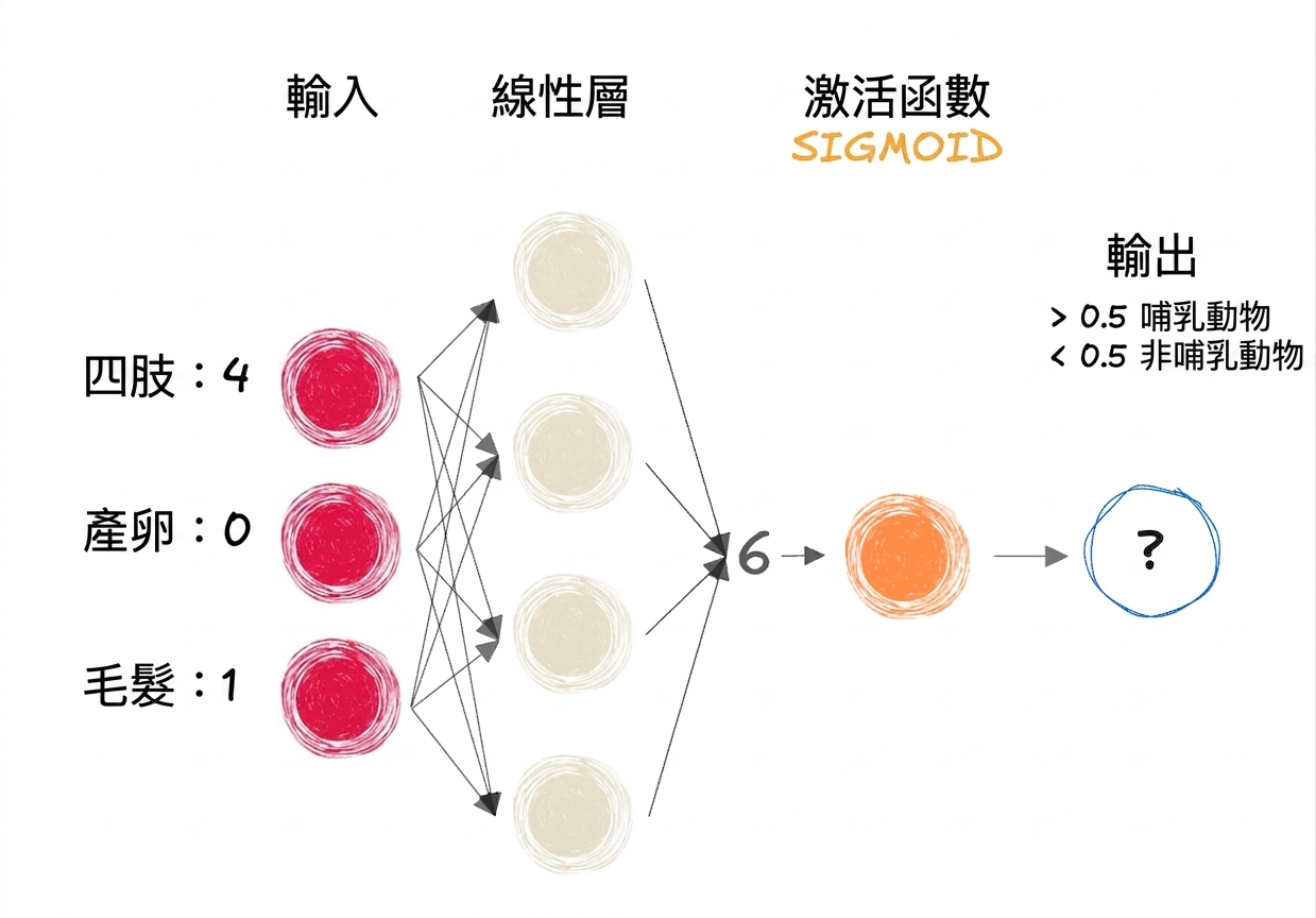 包含輸入、線性層輸出為 6、sigmoid 啟動函式與最終輸出的部分神經網路示意圖