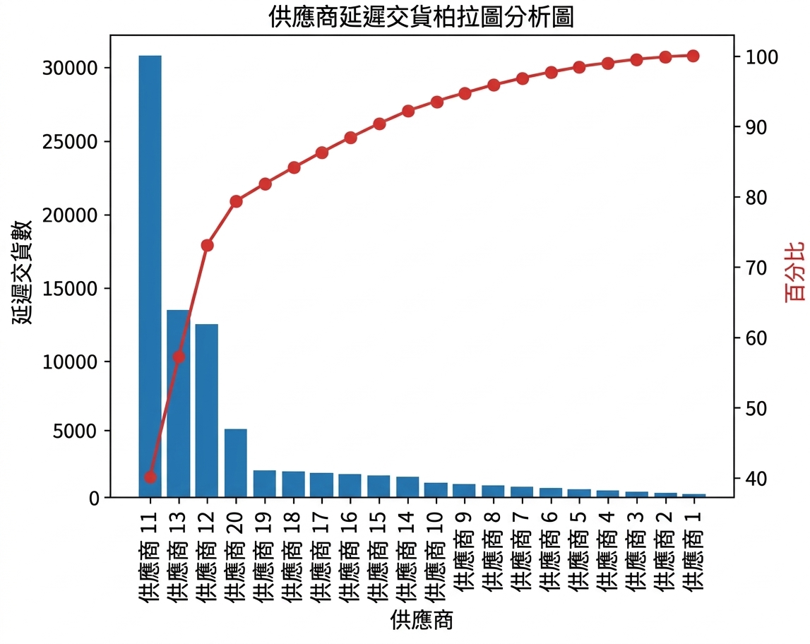 各供應商延遲交貨的柏拉圖
