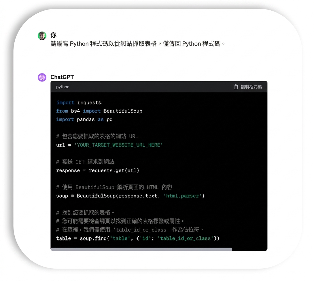 使用 ChatGPT 產生爬取網站表格程式碼的範例。