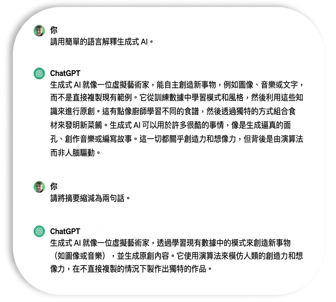 ChatGPT 產生的兩句話生成式 AI 說明。