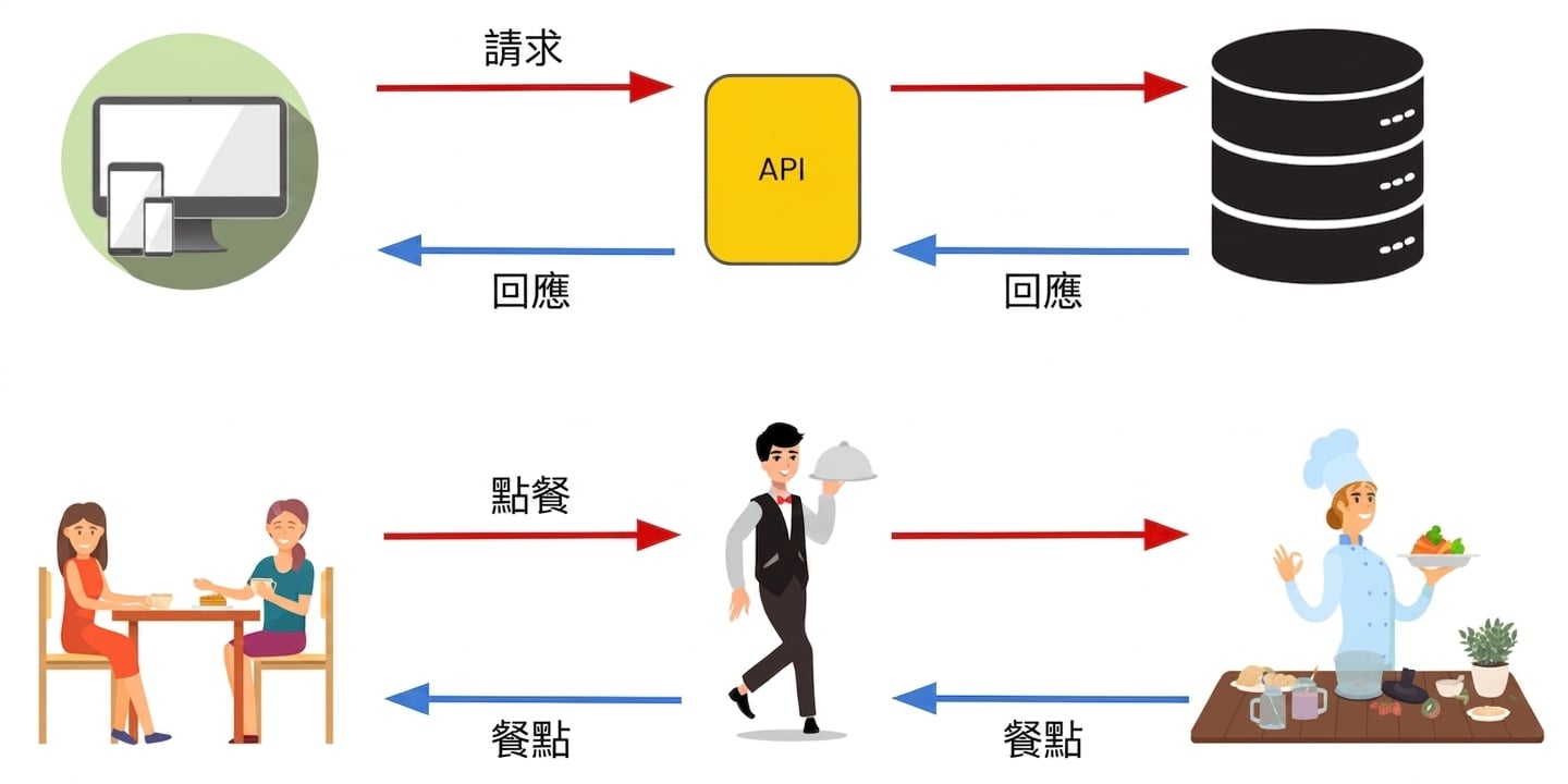 服務生在廚房與餐桌間傳遞點單與餐點，模擬 API 在裝置與系統間的運作。