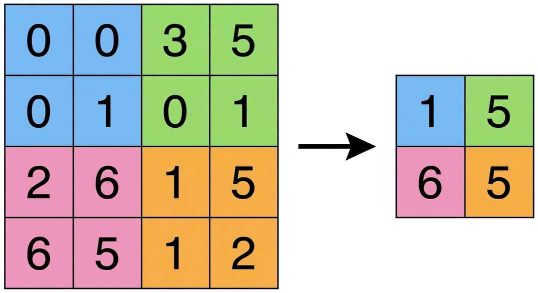 一個 4×4 矩陣被劃分為四個 2×2 區塊,經最大池化後成為 2×2 矩陣。