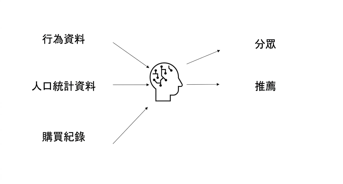 將行為資料、人口統計與購買紀錄用於 AI，產生推薦。