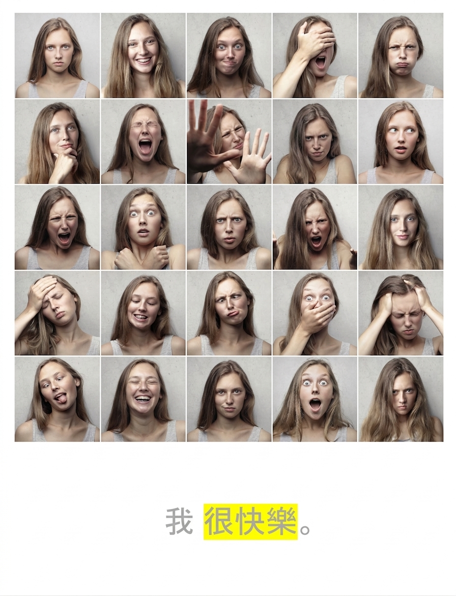 一系列情緒，外加句子「I am happy」，其中「happy」被標示。