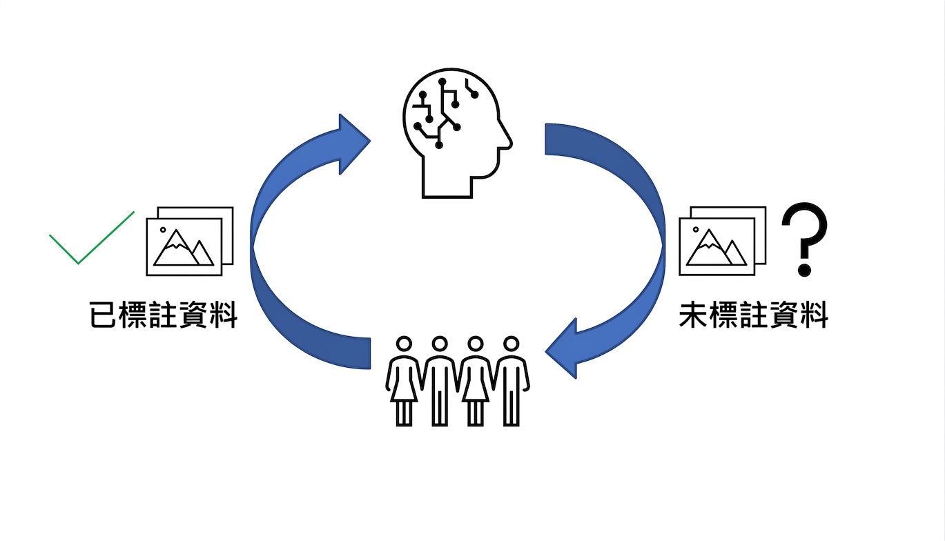一個循環：上方是 AI，下方是人類。右側問號，左側打勾符號。