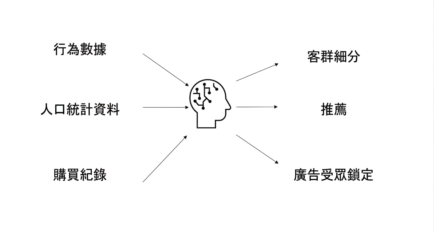 將行為資料、人口統計與購買紀錄用於 AI，產生廣告投放。