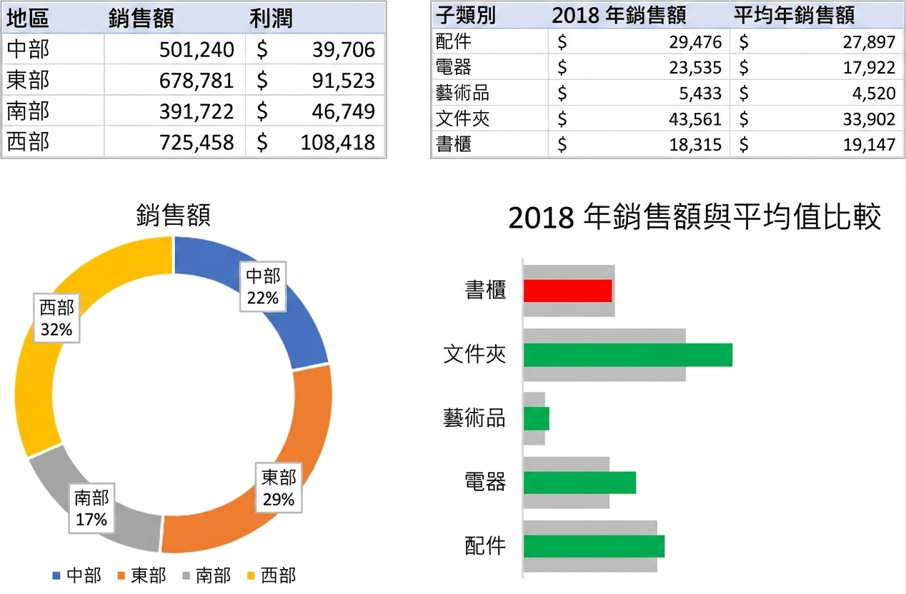 Examples of tables and charts when visualizing aggregated data